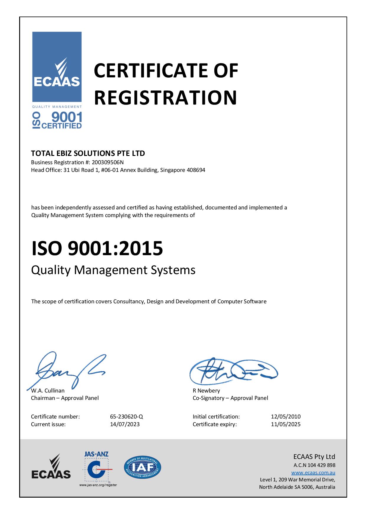 Total eBiz solutions Achieves ISO 9001:2015 Certifications for (QMS) Quality Management System.